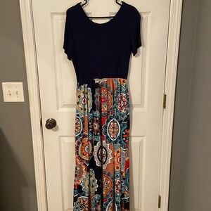 Navy/Orange Multicolored Maxi-dress W/pockets-Size L-NWOT